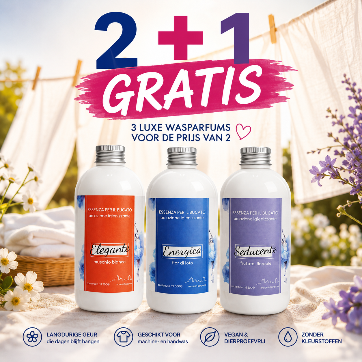 Luxe Wasparfum Bundel – 2+1 Gratis Elegante Muschio Bianco • Energica Fior di Loto • Seducente Frutata Floreale